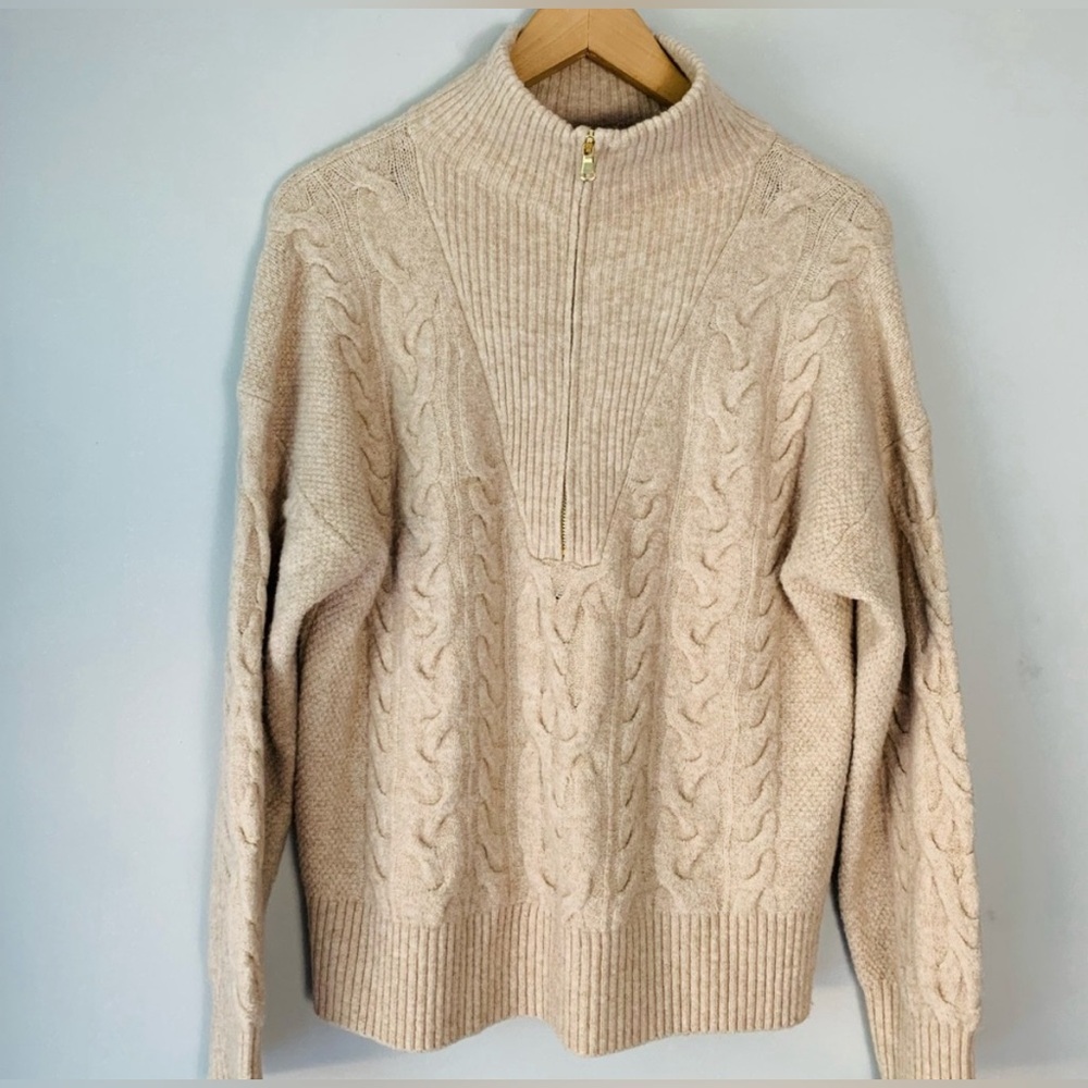 J. Crew Cable Knit Half Zip Merino Wool Blend Sweater
